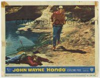 2f705 HONDO 3D LC #2 '53 John Wayne standing with rifle by man shot with arrow by river!