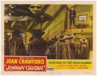 2f743 JOHNNY GUITAR LC #4 '54 cowboys in saloon stare up at Joan Crawford standing upstairs!
