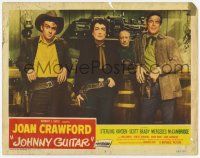 2f744 JOHNNY GUITAR LC #5 '54 Joan Crawford, Ben Cooper & Scott Brady lined up, Nicholas Ray