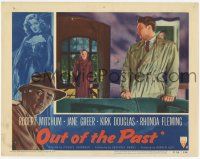 2f828 OUT OF THE PAST LC #8 R53 Robert Mitchum in trench coat looks at Jane Greer in doorway!