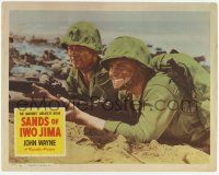 2f886 SANDS OF IWO JIMA LC #7 '50 WWII Marine John Wayne on beach w/ gung ho soldier John Agar!