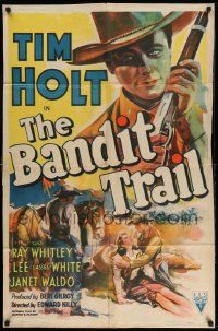 2g058 BANDIT TRAIL style A 1sh '41 cool close up art of Tim Holt with rifle + helping pretty girl!