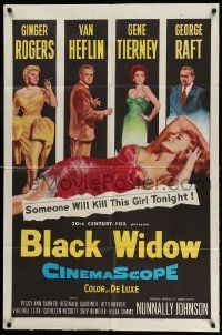 2g099 BLACK WIDOW 1sh '54 Ginger Rogers, Gene Tierney, Van Heflin, George Raft, sexy art!