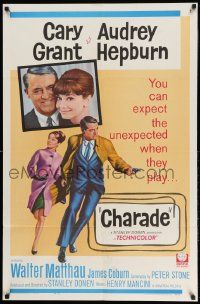 2g156 CHARADE 1sh '63 art of tough Cary Grant & sexy Audrey Hepburn, expect the unexpected!