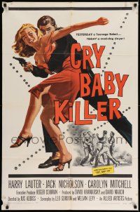 2g194 CRY BABY KILLER 1sh '58 first Jack Nicholson, really cool art of criminal w/girl and gun!