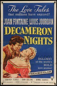 2g215 DECAMERON NIGHTS style A 1sh '53 Joan Fontaine & Louis Jourdan, love tales enjoyed by millions