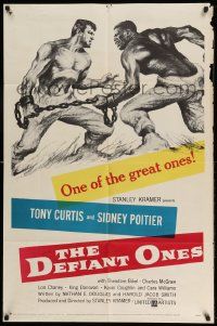 2g218 DEFIANT ONES 1sh '58 art of escaped cons Tony Curtis & Sidney Poitier chained together!