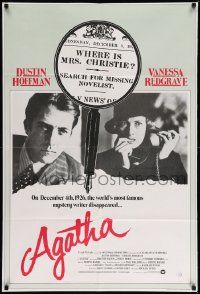 2g015 AGATHA English 1sh '79 Dustin Hoffman, Vanessa Redgrave as Agatha Christie, magnifying glass