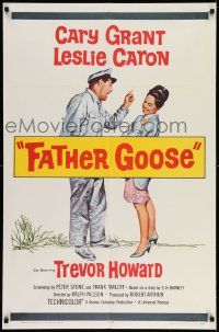 2g288 FATHER GOOSE 1sh '65 art of sea captain Cary Grant yelling at pretty Leslie Caron!