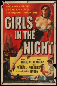 2g354 GIRLS IN THE NIGHT 1sh '53 great art of barely dressed sexy bad girl Joyce Holden w/beret!