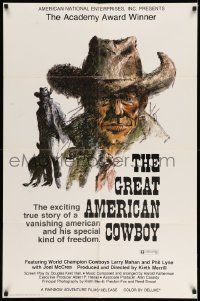 2g366 GREAT AMERICAN COWBOY 1sh '74 Larry Mahan, cool Ralph Butler cowboy art!