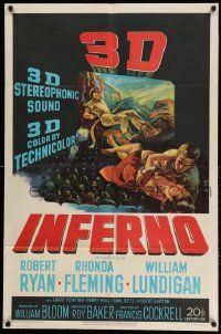 2g431 INFERNO 3D 1sh '53 3-D image of William Lundigan & Rhonda Fleming embracing over audience!