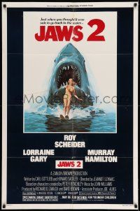 2g440 JAWS 2 1sh '78 art of giant shark attacking girl on water skis by Lou Feck!