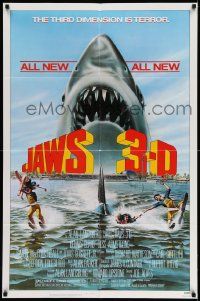 2g441 JAWS 3-D 1sh '83 great Gary Meyer shark artwork, the third dimension is terror!