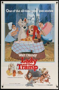 2g474 LADY & THE TRAMP 1sh R80 Walt Disney classic cartoon, best spaghetti scene image!