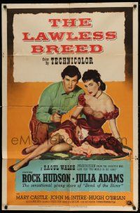 2g489 LAWLESS BREED 1sh '53 cowboy Rock Hudson with gun & sexy Julie Adams w/poker cards!