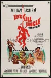 2g496 LET'S KILL UNCLE 1sh '66 William Castle, wacky horror comedy artwork!