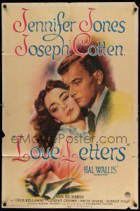 2g524 LOVE LETTERS style A 1sh '45 romantic c/u art of Joseph Cotten & Jennifer Jones, by Ayn Rand