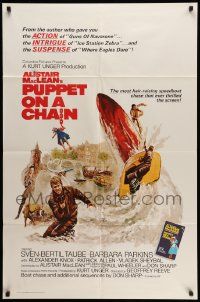 2g683 PUPPET ON A CHAIN int'l 1sh '72 Alistair MacLean novel, Sven-Bertil Taube, boat chase art!