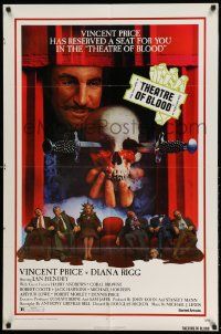2g837 THEATRE OF BLOOD 1sh '73 great art of Vincent Price holding bloody skull w/dead audience!