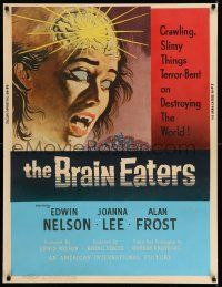 2j004 BRAIN EATERS 30x40 '58 classic horror art of girl's brain exploding, crawling slimy things!