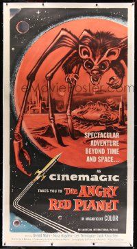 2j058 ANGRY RED PLANET linen 3sh '60 great artwork of gigantic drooling bat-rat-spider creature!