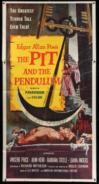 2j270 PIT & THE PENDULUM 3sh '61 Edgar Allan Poe's greatest terror tale, horror horror art!