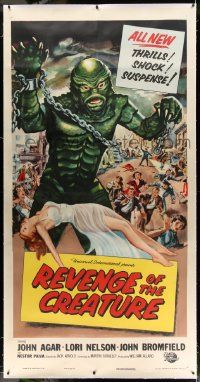 2j064 REVENGE OF THE CREATURE linen 3sh '55 best art of the monster over sexy girl by Reynold Brown!