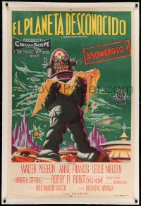 2j067 FORBIDDEN PLANET linen Argentinean '56 stone litho of Robby the Robot carrying Anne Francis!