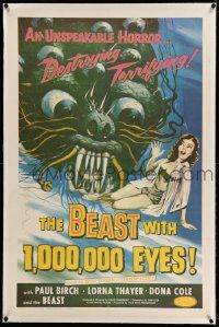 2j089 BEAST WITH 1,000,000 EYES linen 1sh '55 great art of monster attacking girl by Albert Kallis!