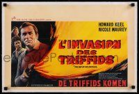 2j068 DAY OF THE TRIFFIDS linen Belgian '62 classic sci-fi, different art of Keel w/ flamethrower!