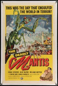 2j096 DEADLY MANTIS linen 1sh '57 classic art of giant insect by Washington Monument by Ken Sawyer!
