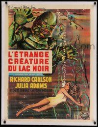 2j077 CREATURE FROM THE BLACK LAGOON linen French 24x31 R62 art of monster looming over Julia Adams!