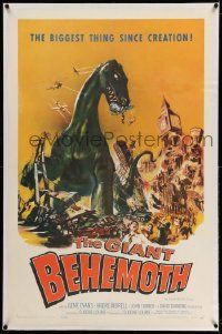 2j106 GIANT BEHEMOTH linen 1sh '59 cool art of massive brontosaurus dinosaur monster smashing city!