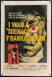 2j111 I WAS A TEENAGE FRANKENSTEIN linen 1sh '57 wonderful c/u art of monster + holding sexy girl!