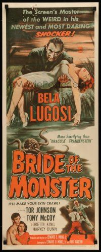 2j001 BRIDE OF THE MONSTER insert '56 Ed Wood, great art of Bela Lugosi carrying sexy girl!
