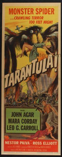 2j003 TARANTULA LAMINATED insert '55 Brown art of town running from 100 ft high spider monster!