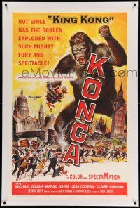 2j114 KONGA linen 1sh '61 great artwork of giant angry ape terrorizing city by Reynold Brown!
