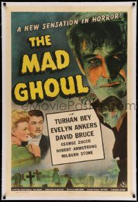 2j115 MAD GHOUL linen 1sh '43 Mayan nerve gas turns David Bruce into a zombie, Universal horror!