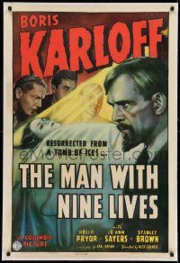 2j116 MAN WITH NINE LIVES linen 1sh '40 Boris Karloff resurrected from tomb of ice, ultra rare!
