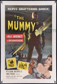2j118 MUMMY linen 1sh '59 Hammer horror, Wiggins art of Christopher Lee as the bandaged monster!