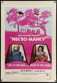 2j121 NECROMANCY linen 1sh '72 Orson Welles, occult horror, art of girl & skeleton in coffins!