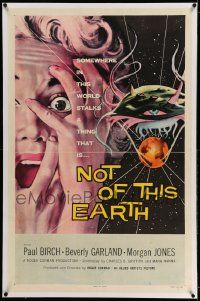 2j123 NOT OF THIS EARTH linen 1sh '57 classic close up art of screaming girl & alien monster!