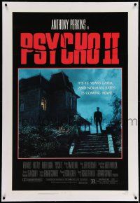 2j127 PSYCHO II linen 1sh '83 Anthony Perkins as Norman Bates, cool creepy image of classic house!