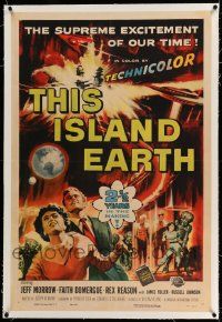 2j138 THIS ISLAND EARTH linen 1sh '55 sci-fi classic, wonderful art with aliens by Reynold Brown!
