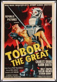 2j140 TOBOR THE GREAT linen 1sh '54 man-made funky robot with every human emotion holding sexy girl!