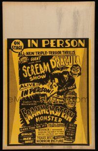 2j011 GIANT CHILLER-DILLER SCREAM SHOW Benton Spook Show WC '60s Dracula, Wolf Man & Frankenstein!