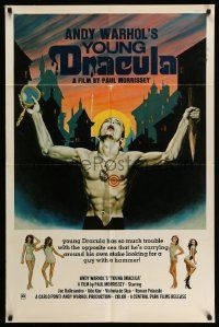 2m480 ANDY WARHOL'S DRACULA 1sh R76 Young Dracula Udo Kier holding a stake and mirror by Emmett!