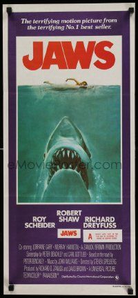 2m032 JAWS Aust daybill '75 art of Spielberg's classic man-eating shark attacking sexy swimmer!