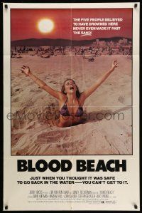 2m517 BLOOD BEACH 1sh '81 Jaws parody tagline, image of sexy girl in bikini sinking in sand!